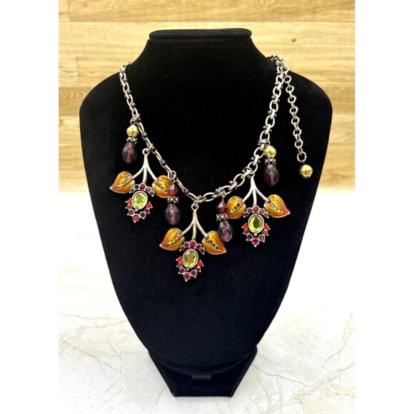 Chicos‎ Floral Rhinestone Statement Necklace 17" Extender Enamel Leaf Silvertone - Picture 15 of 15